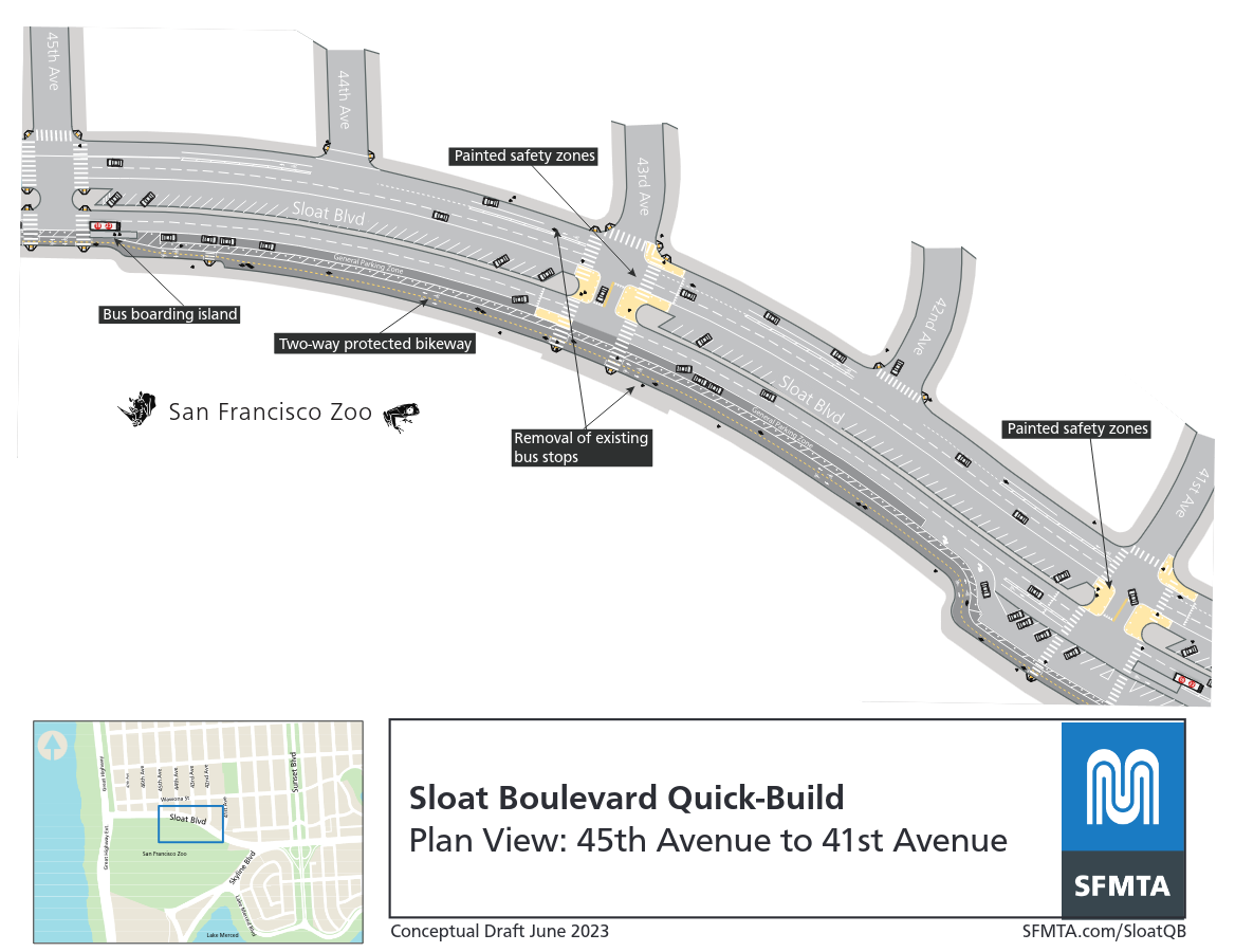 Plan view of Sloat quick-build project showing a two way bike lane